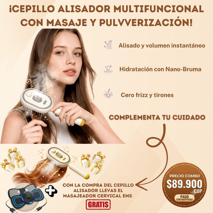 Luce un acabado de peluquería sin perder tiempo ni dinero: El cepillo multifuncional con masajeador, nano-bruma y luz roja.