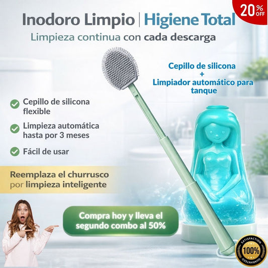 Combo Higiene Total Cepillo de silicona + Limpiador automático | Limpieza continua con cada descarga