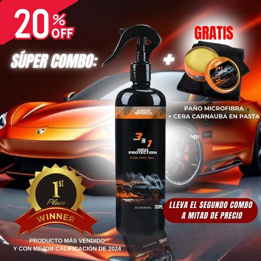Combo Porcelanizado Premium: Cera 3 en 1 en Spray x 120 + Cera Carnauba en Pasta + Paño micro fibra