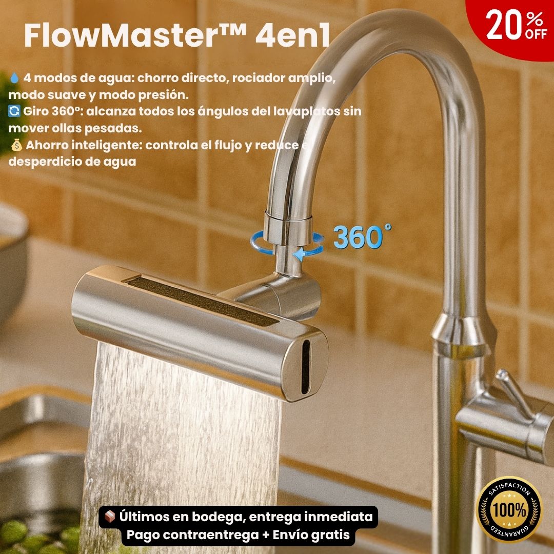 FlowMaster™ | 4en1 — Más alcance, menos salpicaduras, todo desde tu grifo